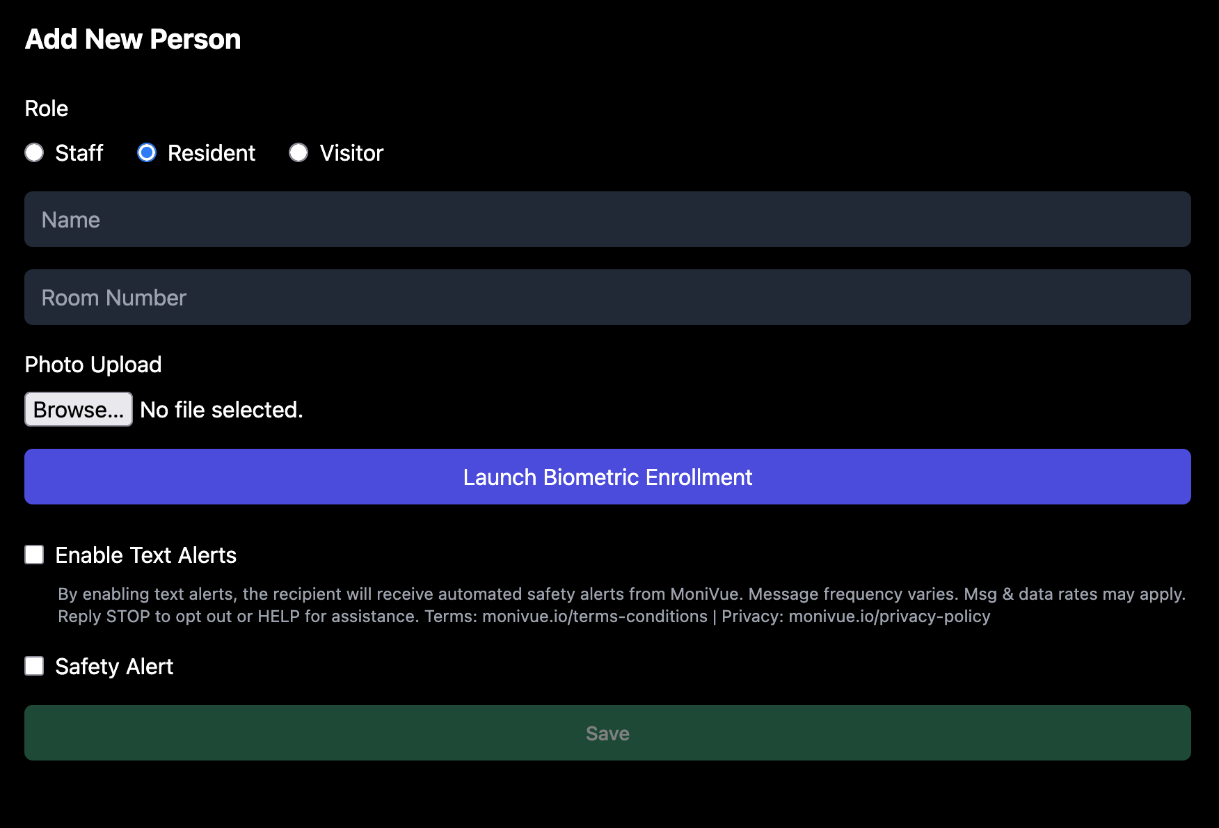 Monivue dashboard Add New Person form showing the Enable Text Alerts checkbox with consent disclosure